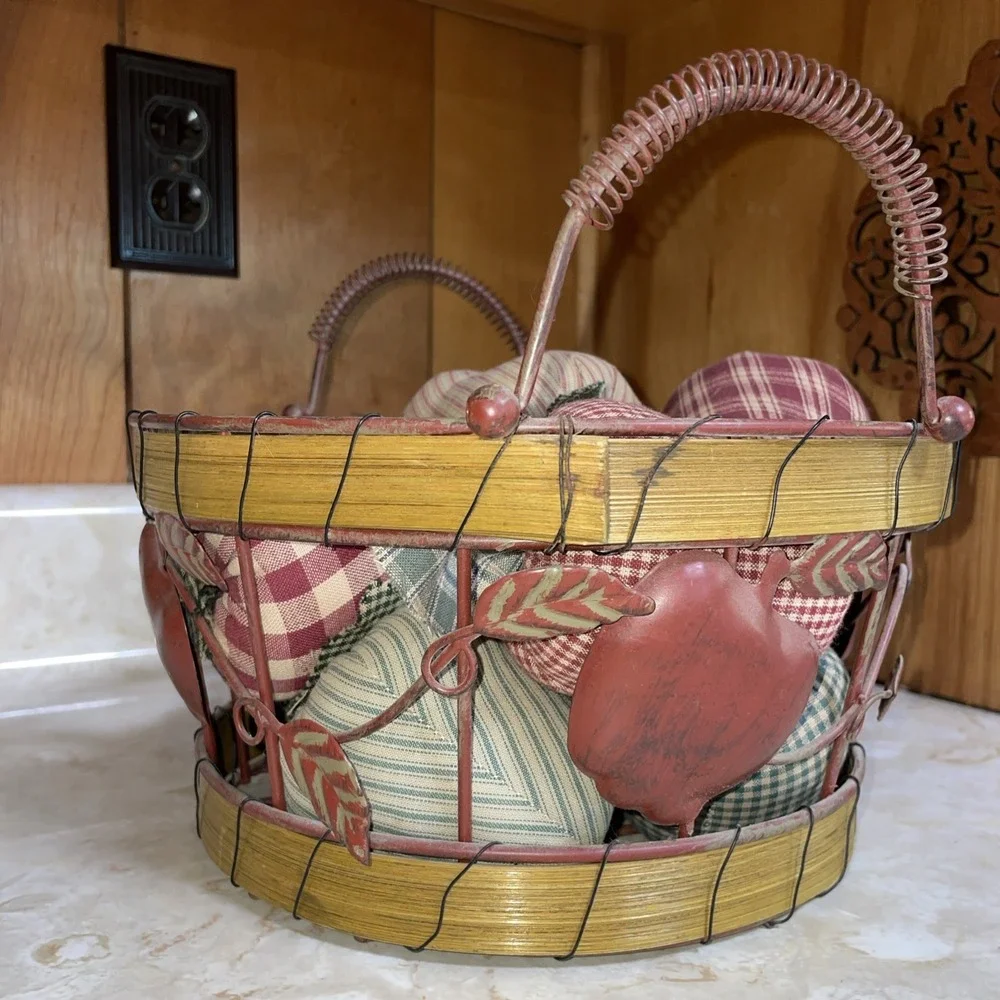 Wood And Metal Basket 🧺 of Homespun Fabric Apples Autumn Fall‎
